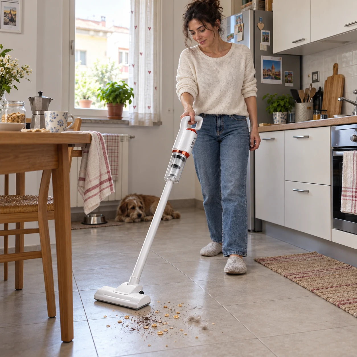 Aspirapolvere durante la pulizia quotidiana in cucina