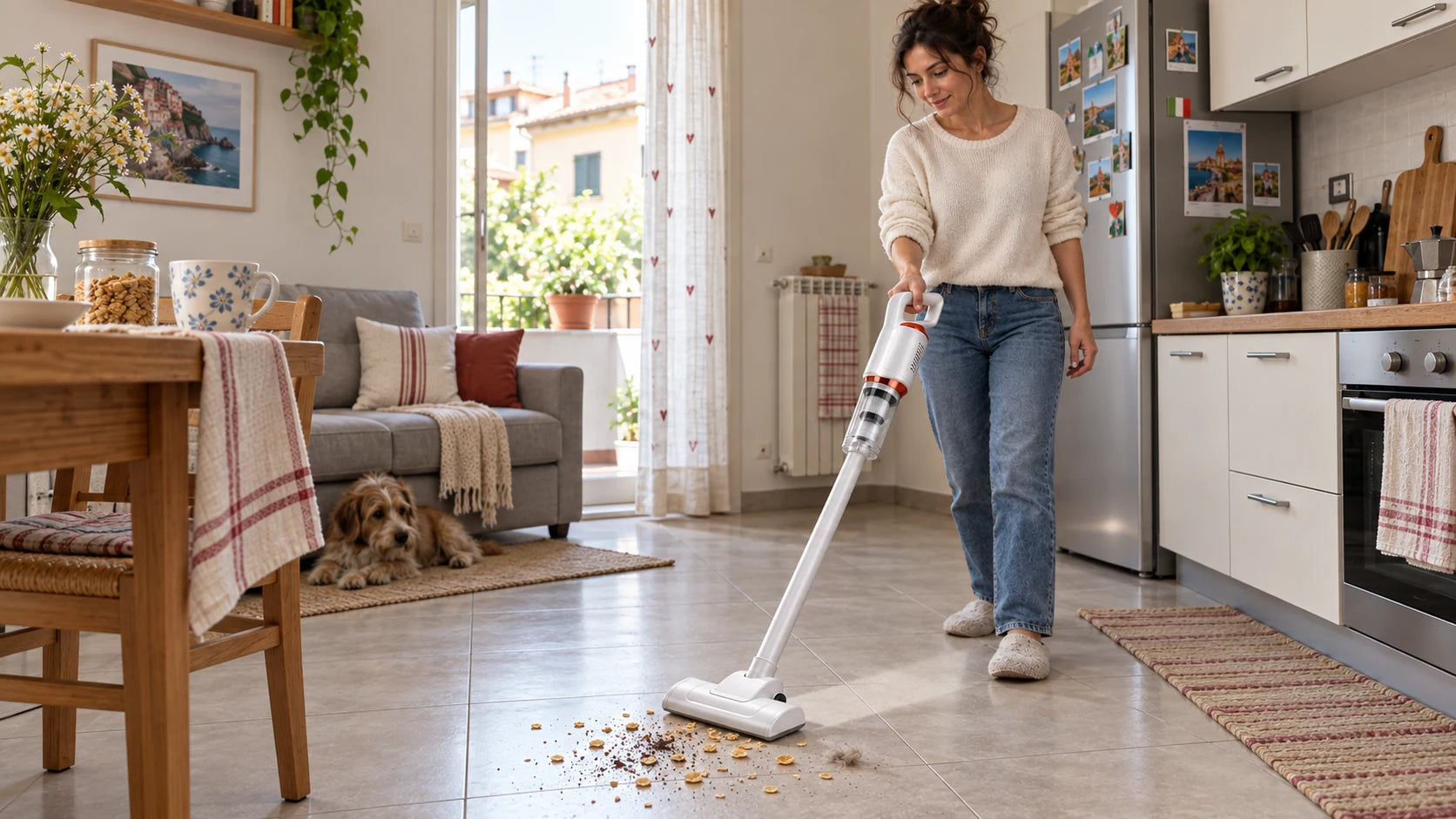 Aspirapolvere pronto per una dimostrazione sul pavimento